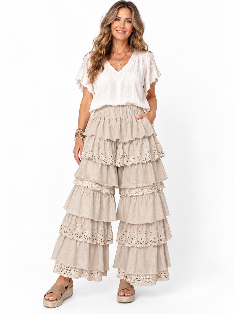 Blue Velvet Boho Tiered Eyelet Wide-Leg Pants - Cream
